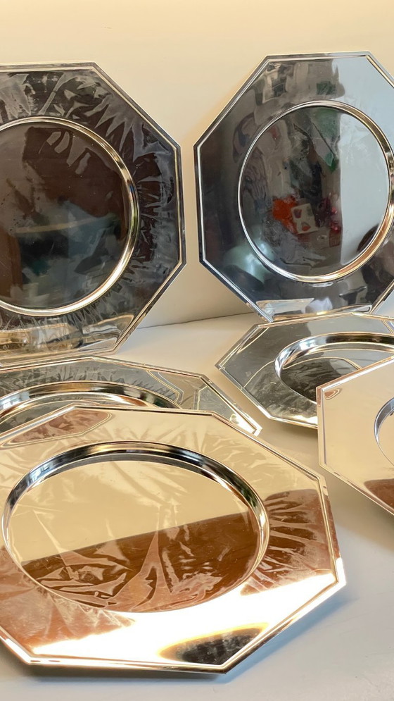 Image 1 of Set van 6 vintage zilveren metalen borden