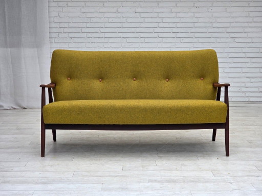Deense tweezitsbank uit de jaren 60, bekleed met meubelwol en teakhout, opnieuw gestoffeerd. – 2 zitsbanken (photo 2 of 19)