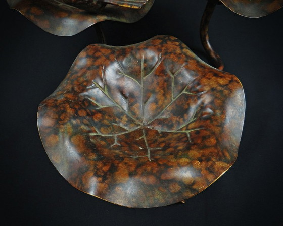 Image 1 of Birdbath in patinated metal, three-level lotus leaf form