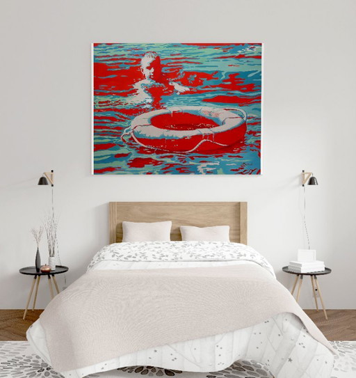 Original Oil Painting Contemporary Art Symbolism Sea Boy Lifebuoy – schilderijen tekeningen, Canvas (photo 2 of 7)