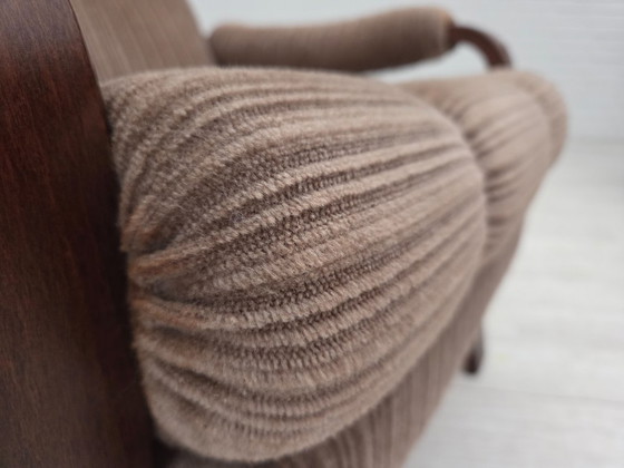 Image 1 of Anni '70, coppia di poltrone danesi, mobili in velluto a coste marrone chiaro, legno di faggio scuro.