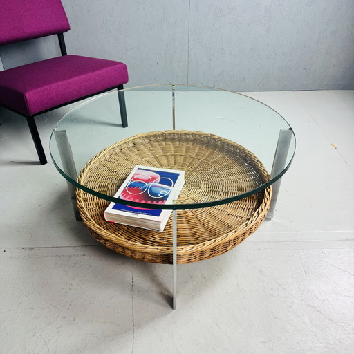 Salontafel jaren 70 glas/chroom/riet