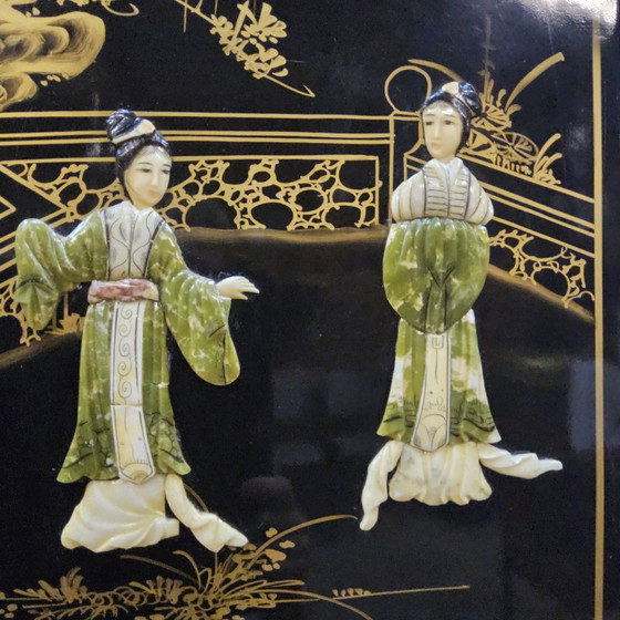 Vintage Chinese black lacquer cabinet (soapstone, mother-of-pearl) bohemian / oriental cabinet ^ bridal (photo 8 of 15)