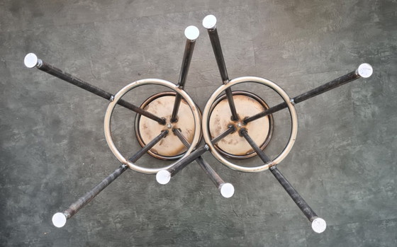 Image 1 of Set (2x) industrial vintage metal bar stools metal & wood