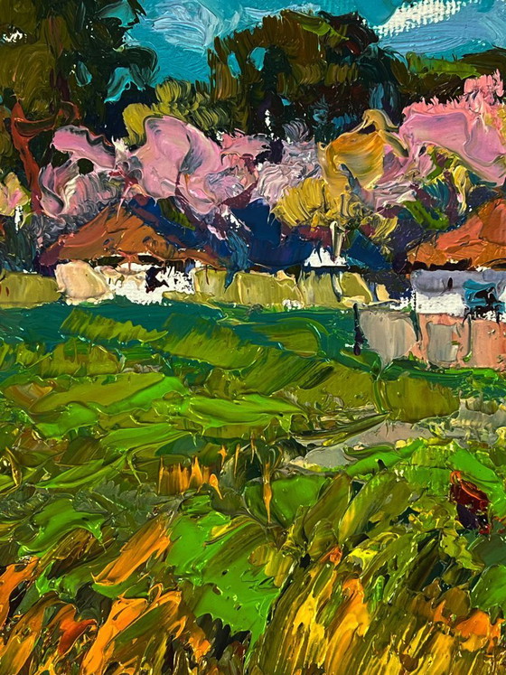 Image 1 of Peinture à l'huile originale représentant un paysage rural, une rue et le parfum printanier du village
