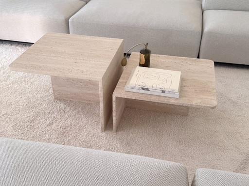 Set of 2 travertine side tables - Design natural stone tables in minimalist style