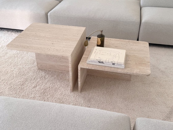 Image 1 of Set of 2 travertine side tables - Design natural stone tables in minimalist style