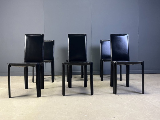 Image 1 of Schwarze Leder-Esszimmerstühle von De Couro Brazil, 1980er Jahre - 6er-Set