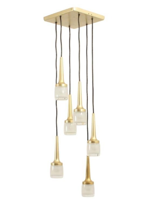 Lustre cascade 6 pièces en laiton doré, aluminium et verre de Staff Leuchten, années 1970