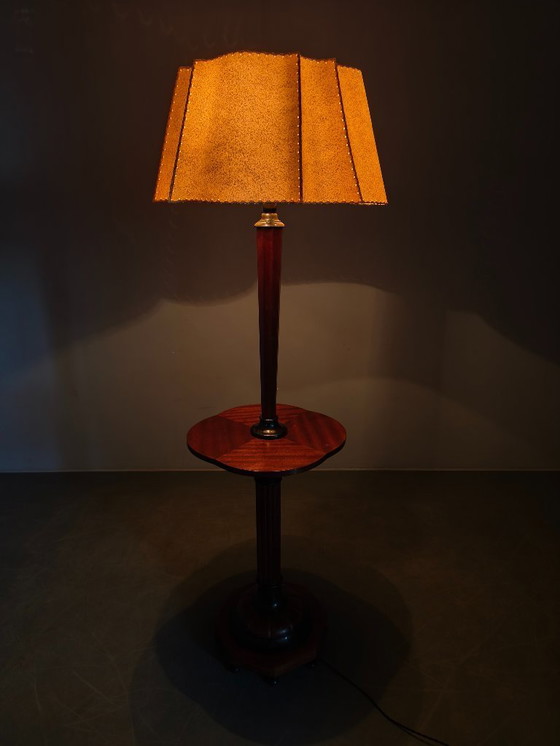 Image 1 of Lampadaire Art Déco italien avec table d'appoint, bois et métal, années 1940