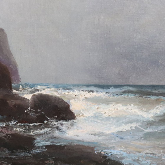 Image 1 of Seascape with Cliff, Oil Painting on Canvas, Italy 20th Century