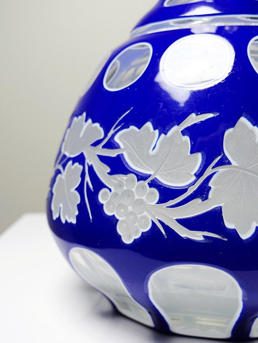 Rare Petit Vase Cristal "Overlay" Taillé Émail Bleu et Blanc Ancien