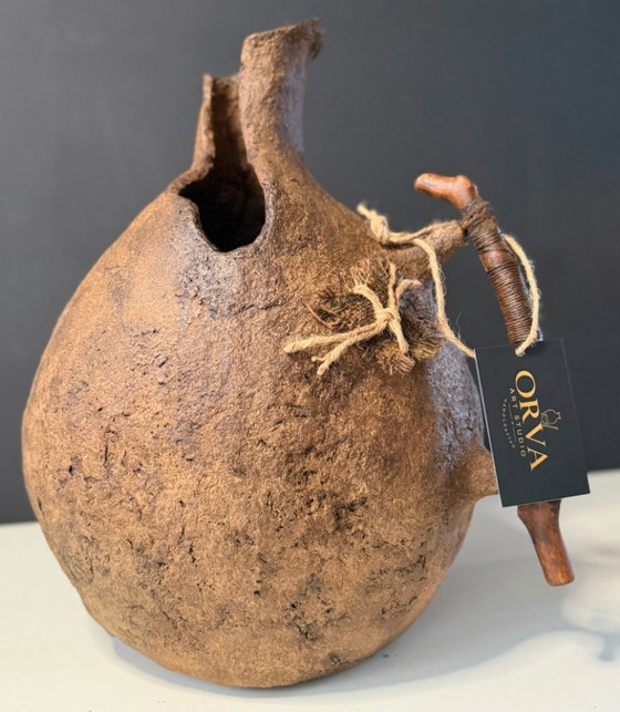 Image 1 of Large Wabi Sabi Paper Mache Vase with Wooden Handle | 43cm Handmade Sculptural Vessel | Rustic Organic Modern Home Decor