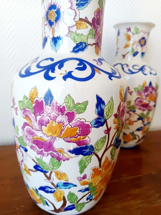 Image 1 of 2x baluster vases with peonies