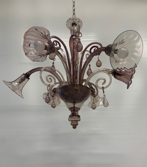 Image 1 of Vintage Murano kroonluchter toegeschreven aan Venini, zeldzame paarse kleur, 1930, Italië