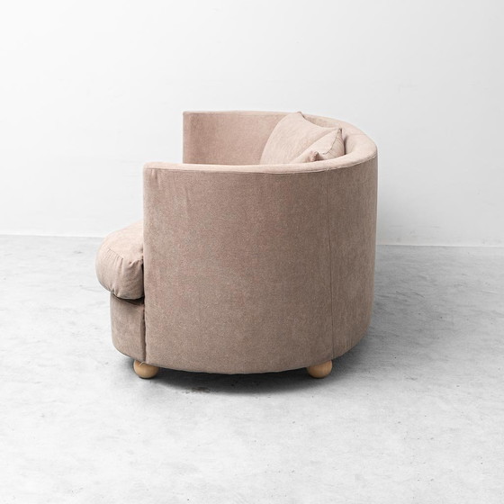 Divano curvo vintage in tessuto marrone – design italiano anni '70 modernariato – Sofà, Wood (photo 12 of 12)