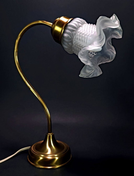 Vintage Frosted Glass Tulip Table Lamp – Art Nouveau Style Swan Neck Brass Lamp – Working