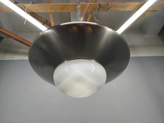 Image 1 of Bauhaus Pendant Light in Nickel and Glass, 1930s Czechoslovakia
