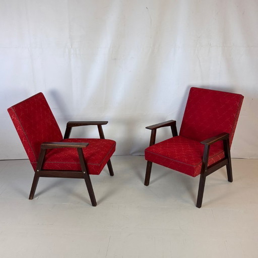 Pair of Hungarian Retro Armchairs in Original Red Fabric, 1960s