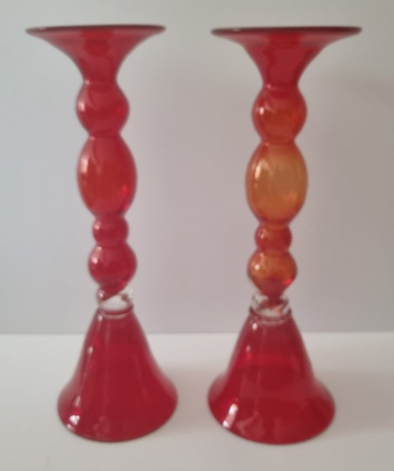 2x Italian Art Glass Chalice Vases 39.5 cm High, Glass art, Red (photo 4 of 6)