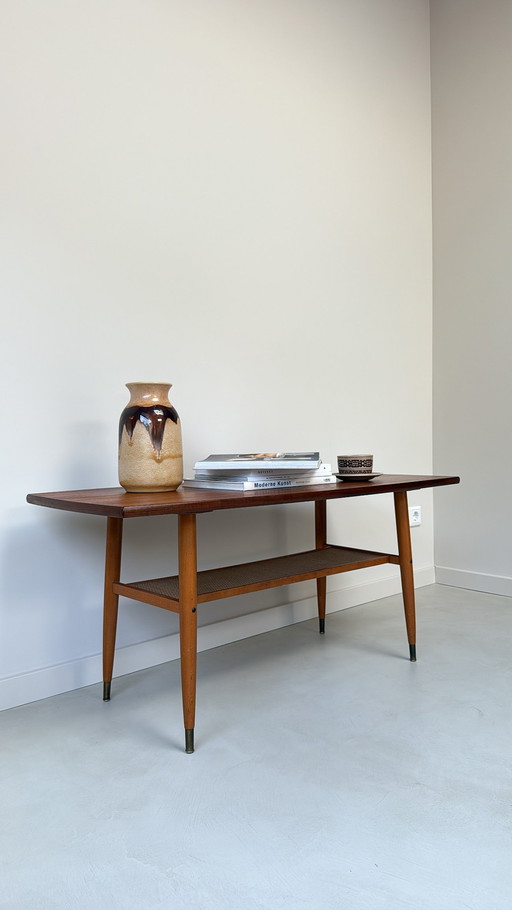 Vintage wooden oval shape coffee table with lower shelf