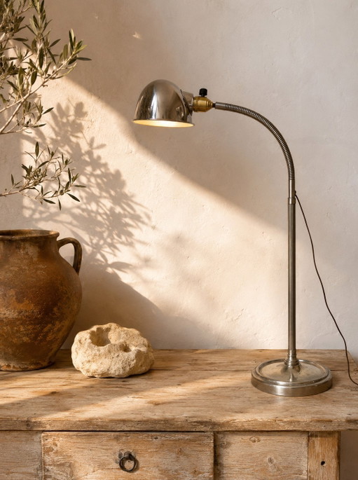 French Art Deco Adjustable Desk Lamp, Chrome & Brass, 1930s–1950s