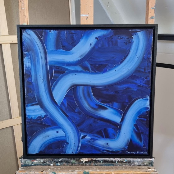 Image 1 of Frances Eckhardt - 50x50 cm handgeschilderd abstract blauw schilderijtje ingelijst