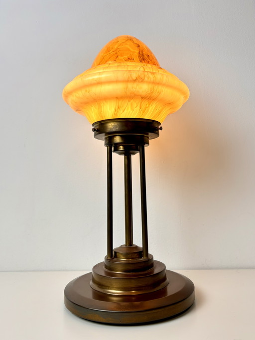 Art Deco Bronze Table Lamp With Marble Look Shade