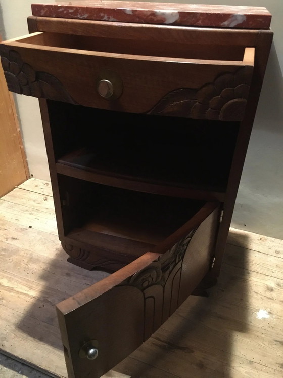 Solid oak bedside table with brown and white marble. – Nightstands, Art Deco (photo 5 of 8)