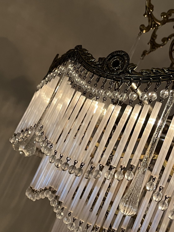 Vintage Bronze Art Nouveau Chandelier Opal Rods and Teardrop Pebbles – Crystal (photo 9 of 13)