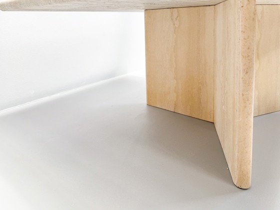 Image 1 of Vintage Travertine Coffee Table – Solid Square Stone Table with Cross Base – Postmodern 1970s Design