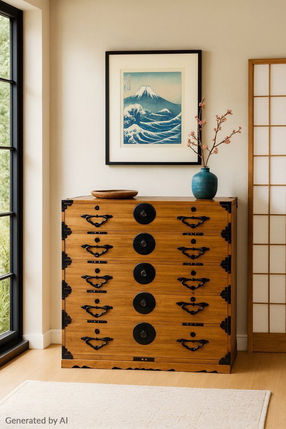 Image 1 of Antieke Japanse kist met vlindervormige 蝶 (chô)-sluitingen.