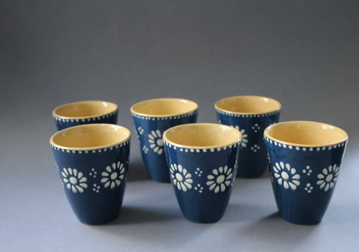 Vintage stoneware drinking cups, blue with white flowers, 6 pieces