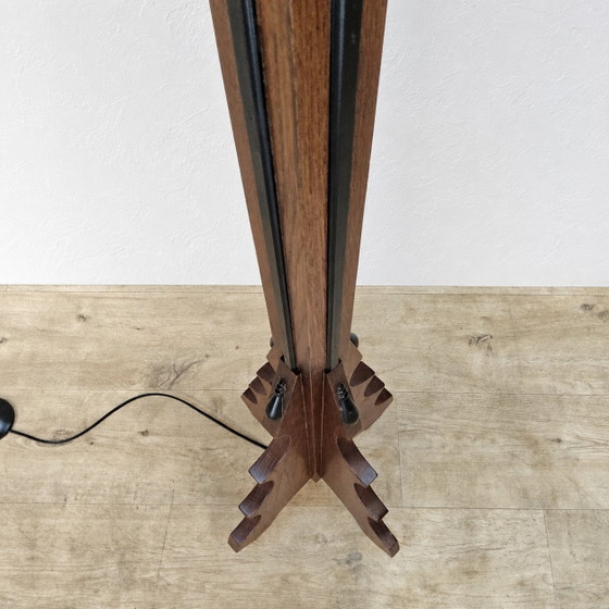 Image 1 of Amsterdam School / Art Deco floor lamp stained glass shade (geometric design) oak base