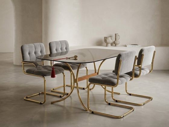 Italian Modern Gray Tufted Chairs and Glass Table, 1970s, Set of 5, Dining set, Velvet, Grey (photo 2 of 5)
