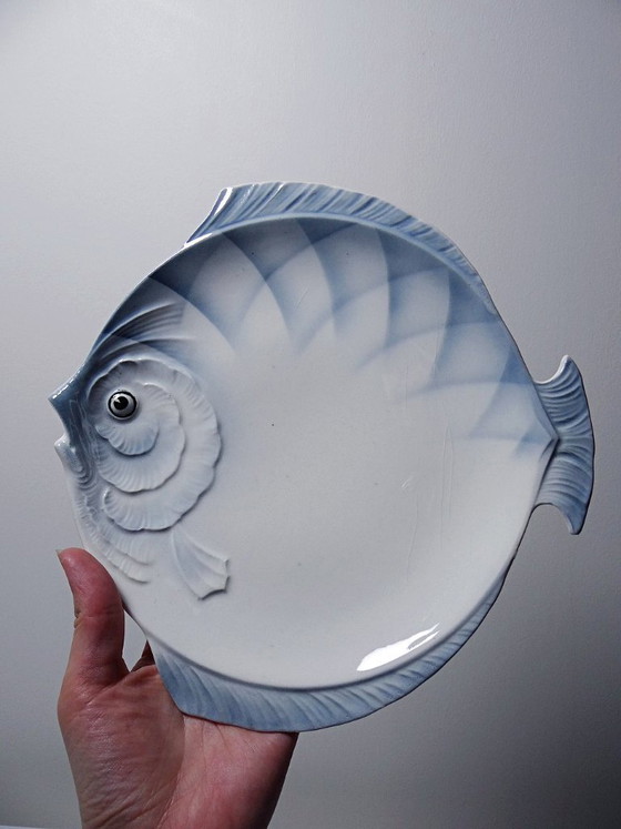 Image 1 of Vintage Czechoslovakian earthenware fish service, 6 plates and one platter