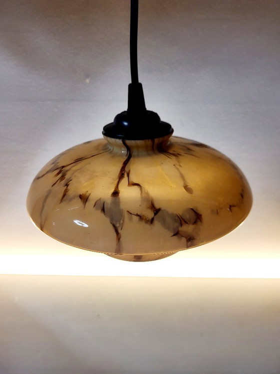 Image 1 of Uran- oder annagrüne Glaspendelleuchte, seltenes Modell, Scailmont, Art déco