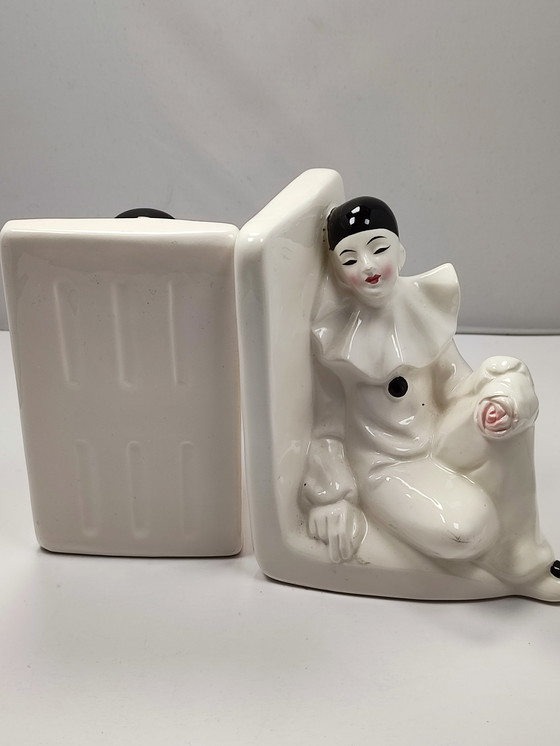 Image 1 of Pierrot Clown Vintage bookend X 2 ceramic white Eighties '80