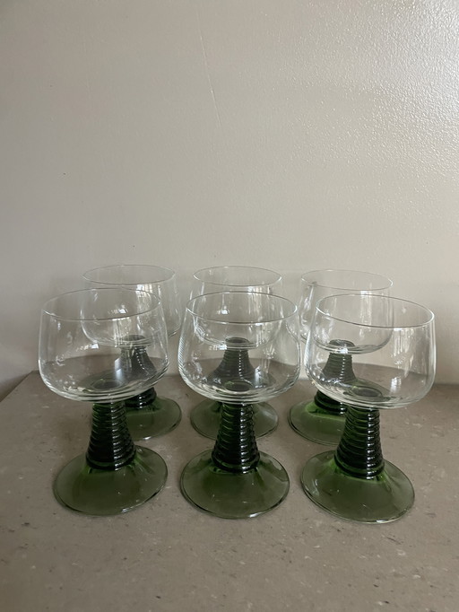 6x wijnglas vintage groene voet