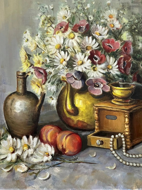 Stilleven met bloemen en parels, gesigneerd. – Schilderijen & Tekeningen, Canvas (photo 4 of 6)