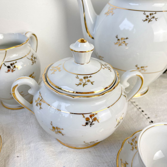 Image 1 of Set da tè/caffè vintage in porcellana bianca con finiture dorate FD Chauvigny