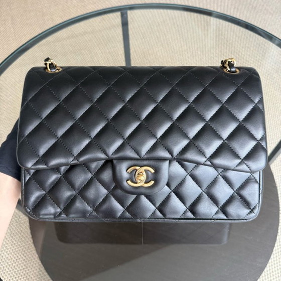 Image 1 of Chanel Classic Flap Jumbo - 30CM Quilted Lambskin Double Flap Black Gold Hardware