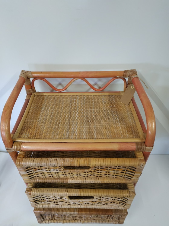 Image 1 of Vintage Jaren 70 Rotan Rattan Boho Style Bijzetkastje Ladekastje