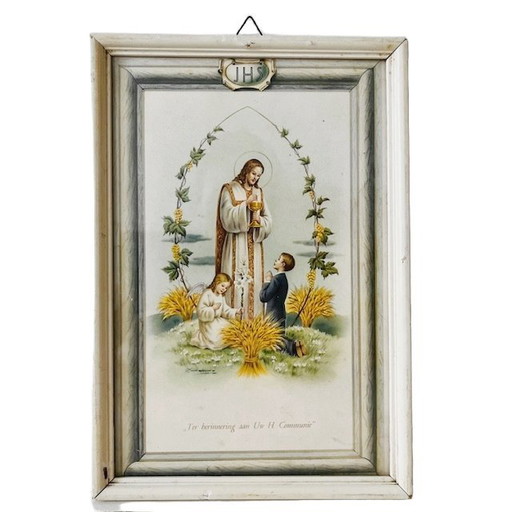 Vintage Religious framed print Holy Communion 1950s