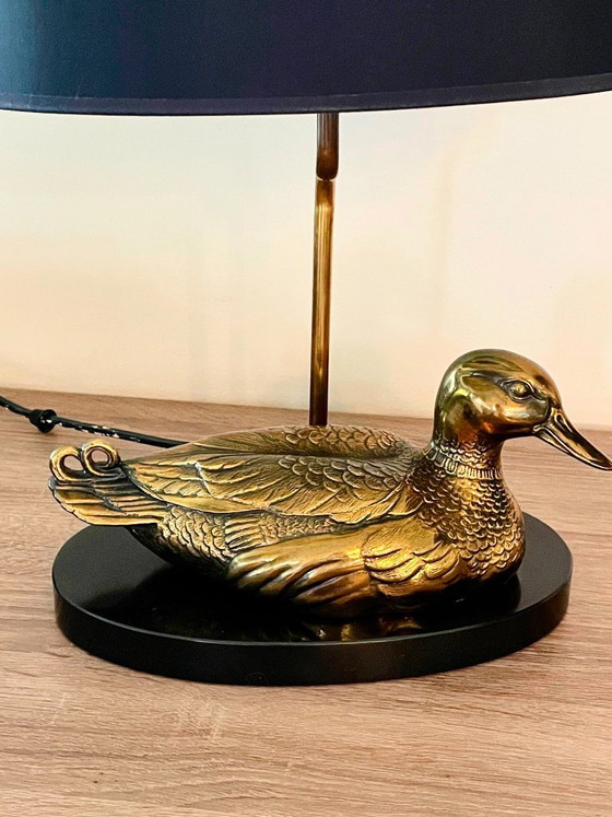 Image 1 of Vintage Deknudt Brass Duck Table Lamp – Mid-Century Style – Black Shade