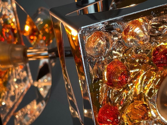 Image 1 of Toni Zuccheri per Mazzega, lampada a sospensione a tre luci in vetro di Murano e cromo degli anni Settanta.