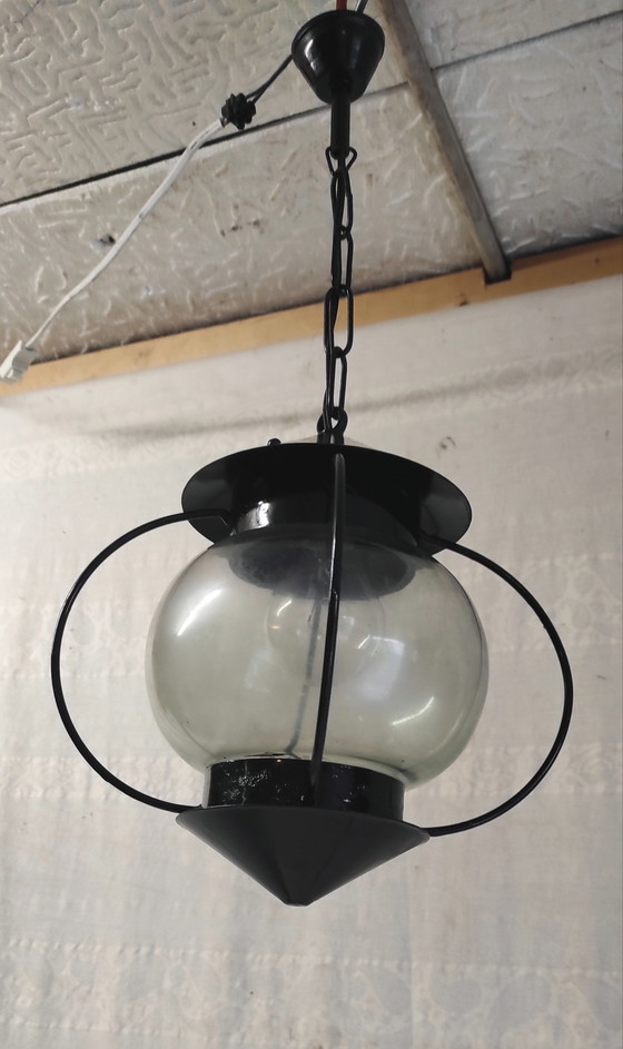 Image 1 of Lantern-style pendant light in metal and glass - 1950s