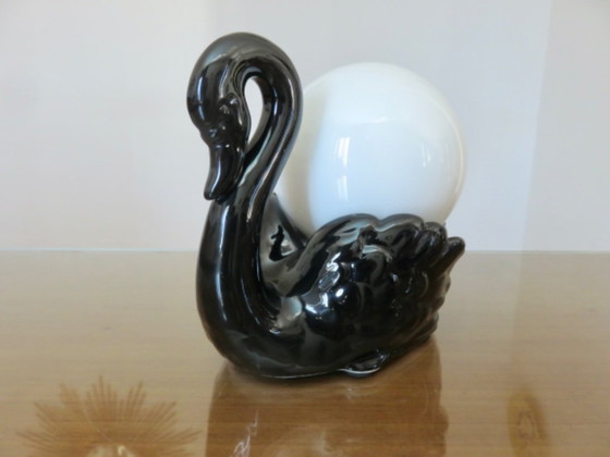 Image 1 of Black swan lamp in ceramic and opaline, black swan lamp, 1970
