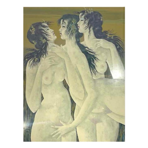 Denyse Willem, Le Secret 3 Femmes Nues / Nymphes, années 70, Aquarelle
