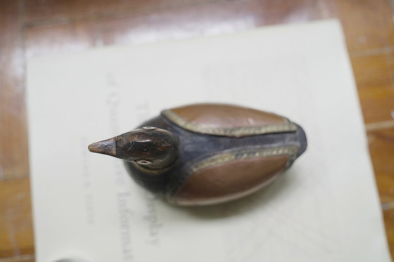 Image 1 of Hand-Carved Wood Duck Figurine with Brass Copper Inlay, Nepalese Tibetan Folk Art
